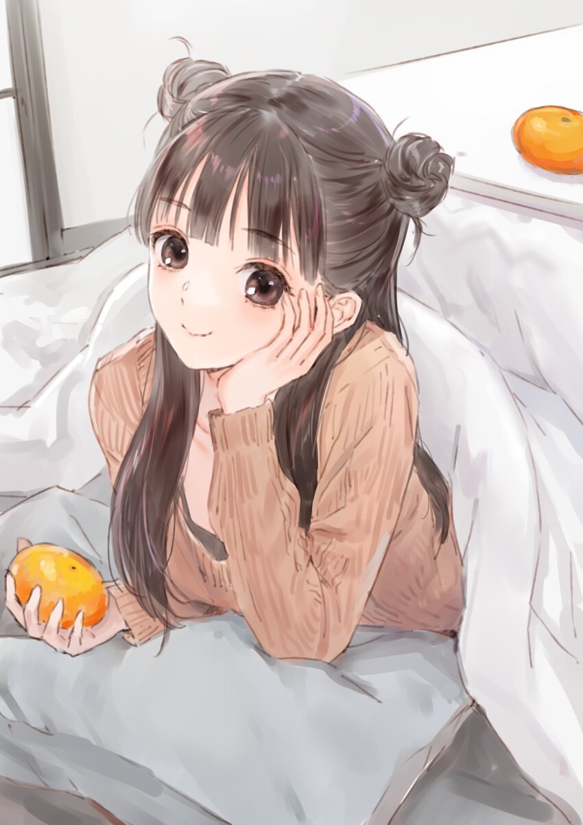 1girl absurdres alternate_costume blue_reflection_(series) blue_reflection_tie brown_eyes brown_hair double_bun food fruit hair_bun highres holding holding_food kinjou_yuki kishida_mel kotatsu looking_at_viewer mandarin_orange medium_hair official_art pillow smile table