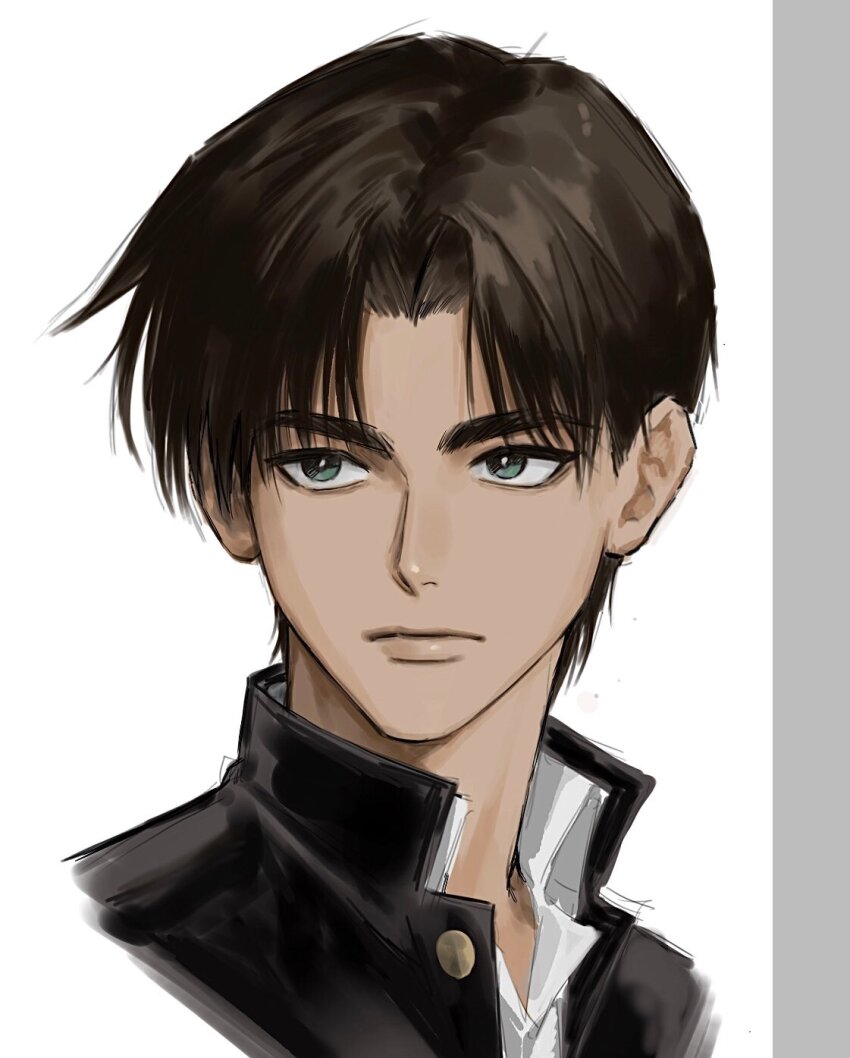 1boy black_hair black_jacket closed_mouth collared_shirt expressionless gakuran green_eyes hattori_heiji highres jacket male_focus meitantei_conan parted_bangs popped_collar portrait school_uniform shirt short_hair simple_background sso_s tan thick_eyebrows white_background white_shirt