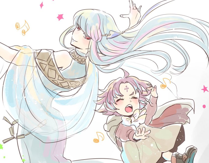 2girls bare_shoulders blue_hair blush cape closed_eyes dress facial_mark fae_(fire_emblem) fire_emblem fire_emblem:_the_binding_blade fire_emblem:_the_blazing_blade fire_emblem_heroes forehead_mark hair_ornament hoshigaki_(hsa16g) long_hair multiple_girls ninian_(fire_emblem) nintendo open_mouth pink_hair pointy_ears purple_hair red_eyes short_hair smile