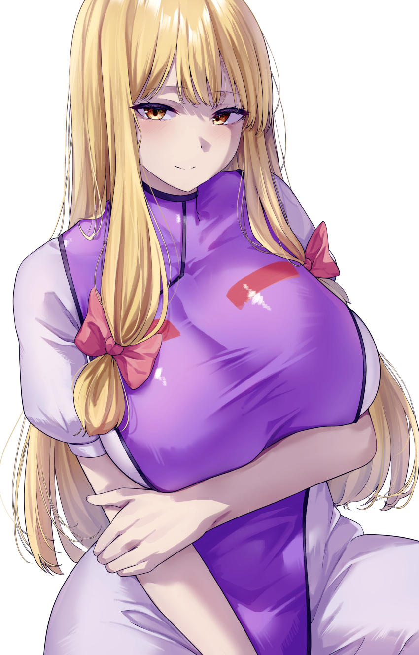 1girl absurdres blonde_hair bow breasts closed_mouth dress hair_bow hand_on_own_elbow highres large_breasts long_hair looking_at_viewer mirufui no_headwear purple_tabard sidelocks simple_background solo tabard touhou white_background white_dress yakumo_yukari yellow_eyes
