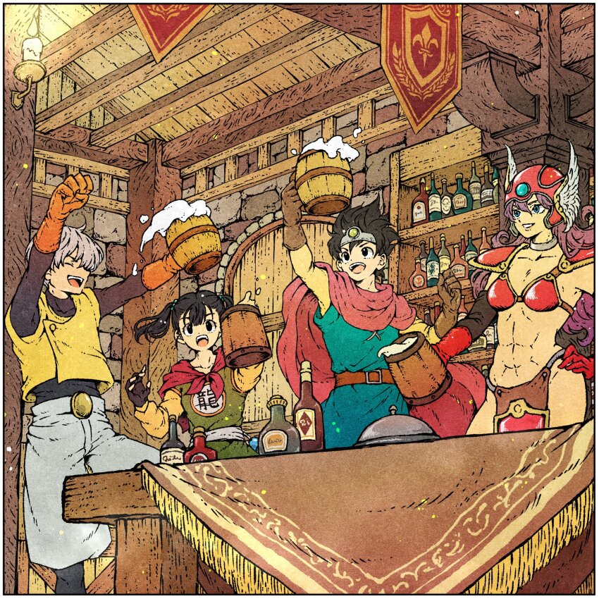 2boys 2girls abs alcohol armor bar_(place) beer beer_mug bikini_armor black_gloves black_hair black_shirt blue_eyes blue_tunic bottle breasts brick_wall brown_gloves circlet cleavage clenched_hand cloak closed_eyes commentary_request cup dragon_quest dragon_quest_iii elbow_gloves fingerless_gloves gem gloves green_gemstone green_tunic grey_hair grey_shorts hair_between_eyes hair_bobbles hair_ornament hand_on_own_hip helmet highres holding holding_cup indoors martial_artist_(dq3) medium_breasts midriff mug multiple_boys multiple_girls navel neckerchief open_mouth orange_gloves outstretched_arms parted_lips pelvic_curtain purple_cloak purple_hair red_gloves red_helmet red_neckerchief roto_(dq3) shirt short_hair shorts shoulder_armor silver_choker smile tavern thief_(dq3) toriga tunic twintails upper_body vest warrior_(dq3) winged_helmet yellow_gemstone yellow_shirt yellow_vest