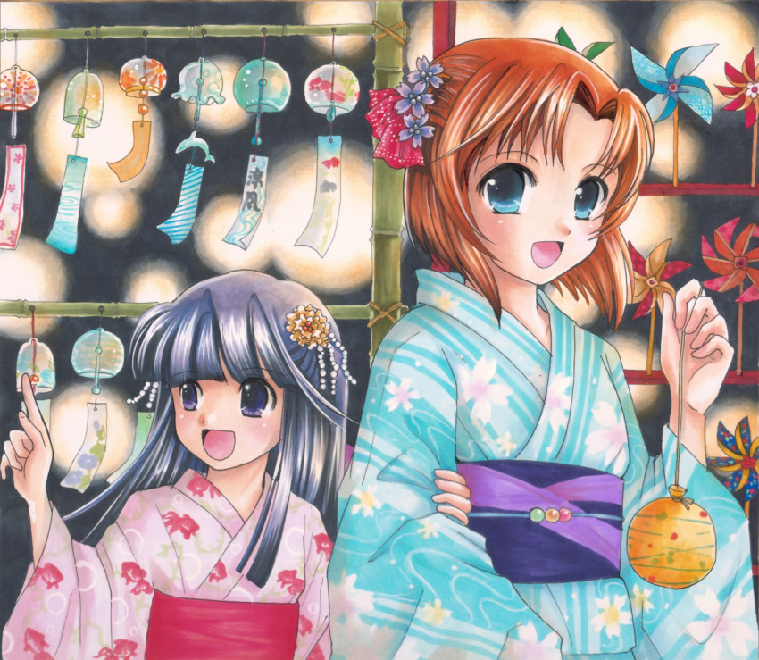 2girls blue_eyes blue_hair blue_kimono festival floral_print furude_rika gintarou_(puipuiginta) higurashi_no_naku_koro_ni hime_cut japanese_clothes kimono multiple_girls pink_kimono print_kimono red_hair ryuuguu_rena striped_clothes striped_kimono traditional_media vertical-striped_clothes vertical-striped_kimono yukata