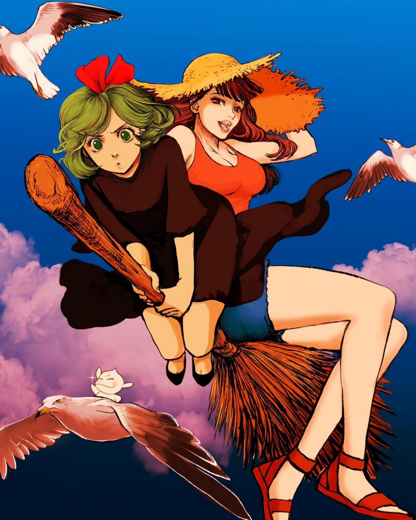 berserk bird black_dress blue_shirt breasts broom broom_riding brown_eyes brown_hair casca_(berserk) character_name character_request cleavage commentary_request cosplay dress green_eyes green_hair hair_ribbon hat highres kiki_(majo_no_takkyuubin) kiki_(majo_no_takkyuubin)_(cosplay) majo_no_takkyuubin medium_breasts morda nisino2222 puck_(berserk) red_ribbon ribbon sandals schierke_(berserk) seagull shirt sun_hat ursula_(majo_no_takkyuubin) ursula_(majo_no_takkyuubin)_(cosplay)