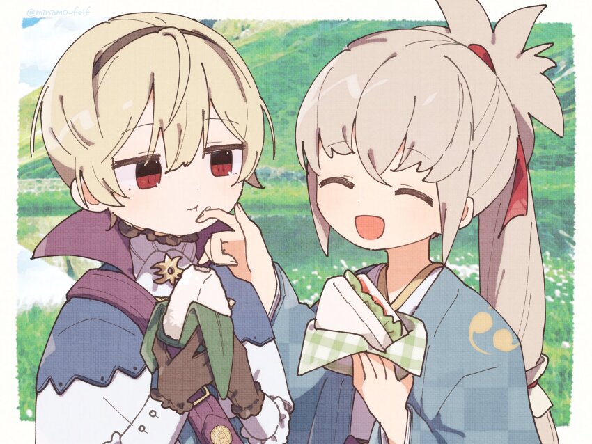 2boys alternate_costume black_hairband blonde_hair closed_mouth fire_emblem fire_emblem_fates food grey_hair hairband highres holding_food holding_sandwich leo_(fire_emblem_fates) multiple_boys nintendo onigiri open_mouth red_eyes red_ribbon ribbon sandwich sorane_amus takumi_(fire_emblem)