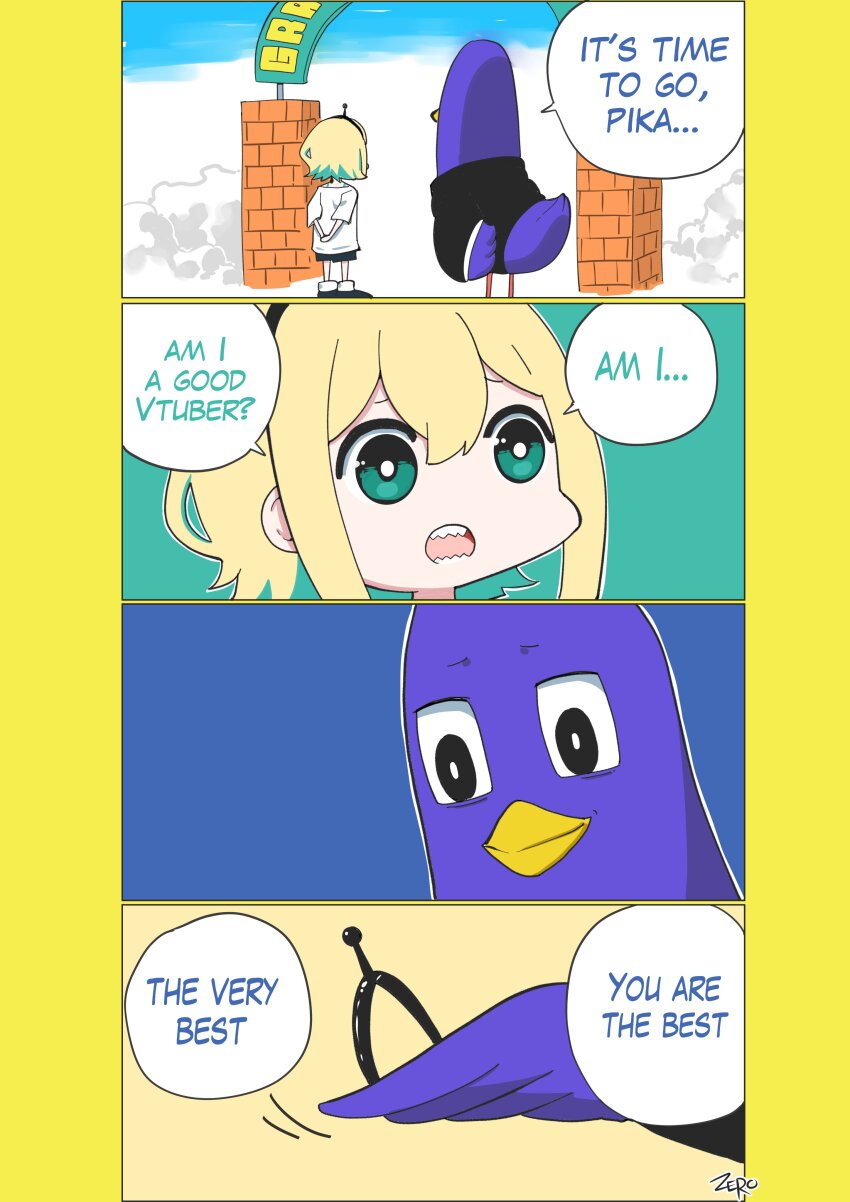 1boy 1girl 4koma absurdres amano_pikamee arms_behind_back artist_name bird black_eyes black_hairband black_shorts blonde_hair bright_pupils colored_inner_hair comic commentary english_commentary english_text gate green_eyes green_hair gyari_(bird) hairband heaven highres multicolored_hair open_mouth sharp_teeth shirt short_hair shorts signature talking teeth two-tone_hair virtual_youtuber voms white_pupils white_shirt yellow_background zero_(muftisaili)