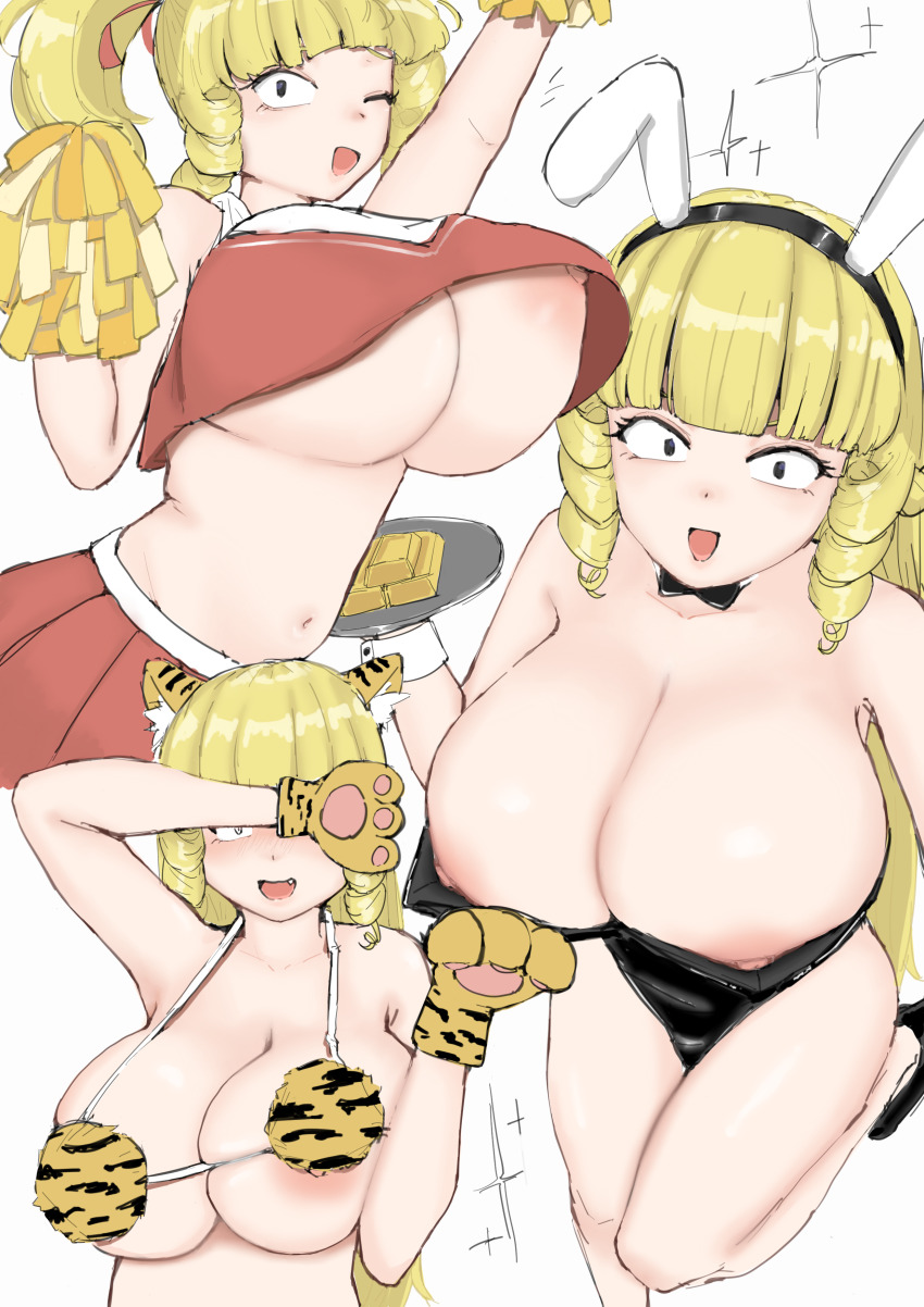 absurdres accidental_exposure animal_ear_fluff animal_ear_hairband animal_ears animal_print areola_slip arm_up black_eyes black_leotard blonde_hair bow bowtie breasts cheerleader cleavage crop_top detached_collar drill_hair drill_sidelocks fake_animal_ears gloves gold_bar hair_ribbon hairband highres huge_breasts kaneda_mochiko leotard long_hair mount_celeb_kaneda-san navel nipples one_eye_closed open_mouth paw_gloves playboy_bunny pom_pom_(cheerleading) ponytail rabbit_ear_hairband rabbit_ears ribbon sidelocks skirt sparkle tiger_ears tiger_print tiger_print_bikini toome upshirt white_background wink wrist_cuffs