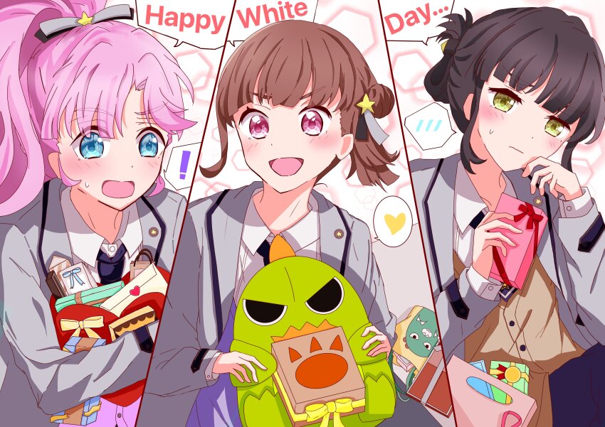 ! 3girls absurdres anyoji_hime bag birdcage_(love_live!) black_necktie black_ribbon blazer blue_eyes blunt_bangs blush brown_cardigan brown_hair capelet cardigan closed_mouth collared_shirt commentary_request dress_shirt embarrassed folded_ponytail frown gift gonzales_(love_live!) green_eyes grey_jacket grey_ribbon hair_bun hair_ornament hair_ribbon hanamusubi_(love_live!) happy_white_day heart highres holding holding_gift holding_stuffed_toy jacket josho_kiryu_(love_live!) kachimachi_kosuzu link!_like!_love_live! long_hair long_sleeves love_live! momose_ginko multiple_girls necktie official_alternate_costume open_clothes open_jacket pink_cardigan pink_eyes pink_hair ponytail purple_capelet purple_cardigan ribbon shiro_nishiki shirt short_hair sidelocks single_side_bun speech_bubble spoken_blush spoken_exclamation_mark spoken_heart star_(symbol) star_hair_ornament stuffed_animal stuffed_dinosaur stuffed_toy translation_request v-shaped_eyebrows virtual_youtuber white_day white_shirt