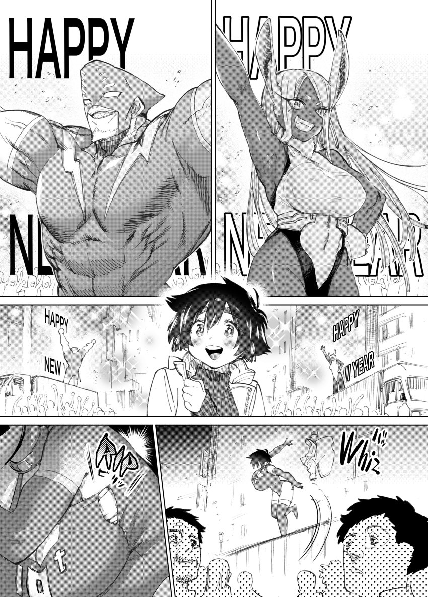 10-ton 1boy 2girls absurdres boku_no_hero_academia breast_expansion breasts casual comic determined gigantic_breasts happy henshin highres horie_ryuu leotard mask mirko multiple_girls short_hair