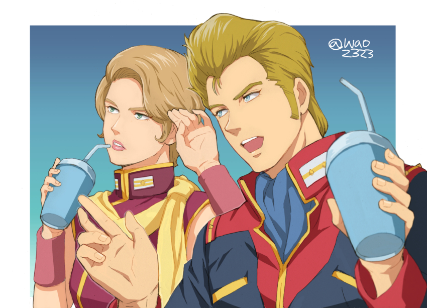 1boy 1girl artist_request blonde_hair blue_eyes drink drinking_straw green_eyes gundam jerid_messa lila_milla_rira military military_uniform zeta_gundam