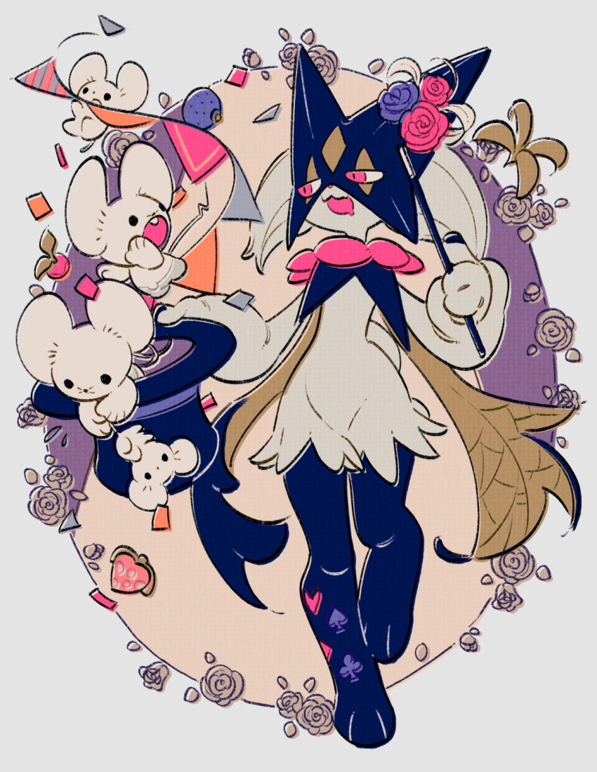 :d berry_(pokemon) black_headwear confetti drooling flower hat highres holding maushold maushold_(family_of_four) meowscarada mouth_drool nintendo oharu-chan open_mouth pink_eyes pink_flower pokemon pokemon_(creature) smile standing top_hat wand