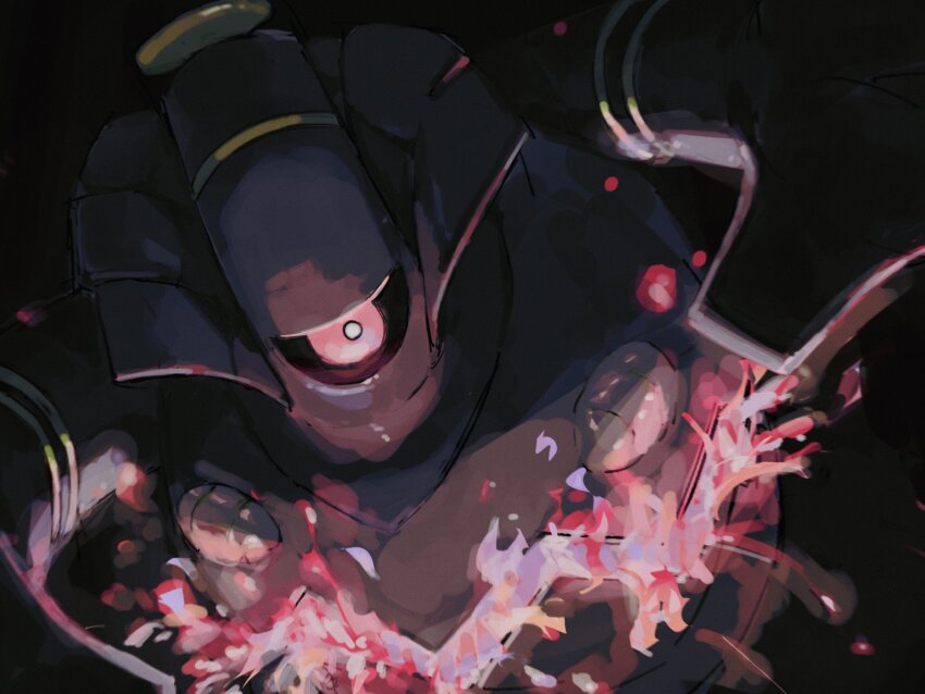 black_sclera breath_weapon breathing_fire bright_pupils colored_sclera dusknoir fire gen_4_pokemon glowing glowing_eyes hands_up highres looking_at_viewer nintendo one-eyed open_mouth pokemon pokemon_(creature) pokemon_focus red_eyes sakuraiisui solo stomach_mouth white_pupils