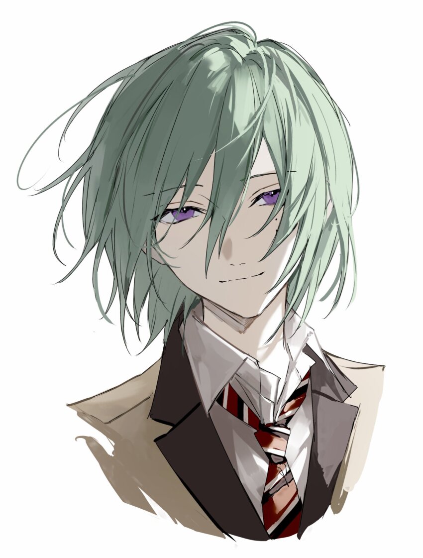 1boy aqua_hair brown_jacket closed_mouth collared_shirt ensemble_stars! hair_between_eyes half-closed_eyes highres jacket kazehaya_tatsumi long_bangs looking_at_viewer male_focus medium_hair mole mole_on_cheek mole_under_eye necktie nozz177 purple_eyes red_necktie school_uniform shirt sidelighting simple_background smile solo striped_necktie white_background white_shirt wind