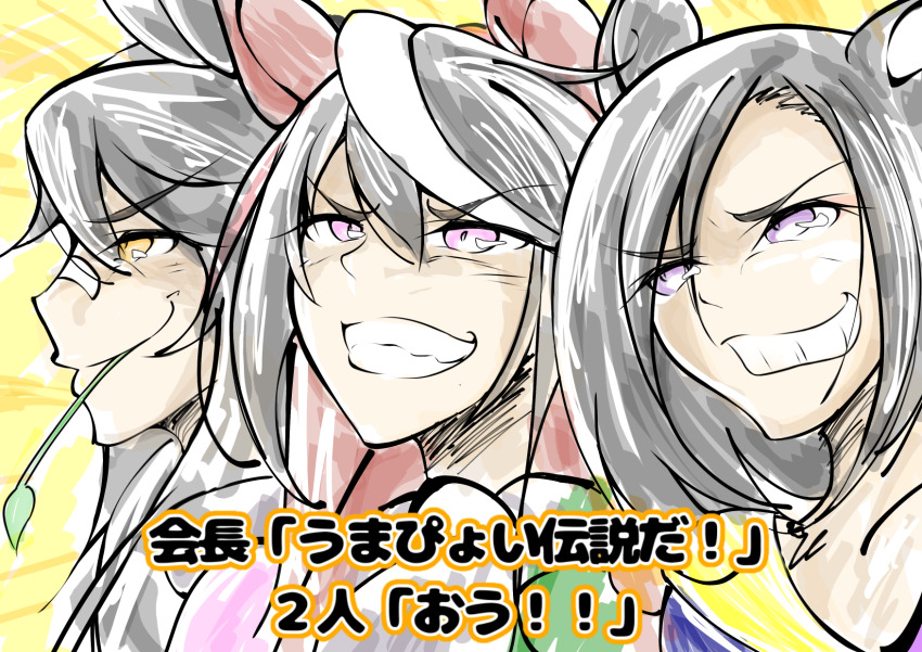 3girls air_groove_(umamusume) animal_ears bandaid bandaid_on_face bandaid_on_nose black_hair brown_hair commentary_request getter_robo getter_team_pose_(meme) grin gurashiyupi_mk-ii hair_between_eyes highres horse_ears horse_girl long_hair meme mouth_hold multiple_girls narita_brian_(umamusume) pose_imitation purple_eyes shin_getter_robo sketch smile stalk_in_mouth subtitled super_robot_wars symboli_rudolf_(umamusume) translation_request umamusume umapyoi_densetsu white_hair yellow_eyes