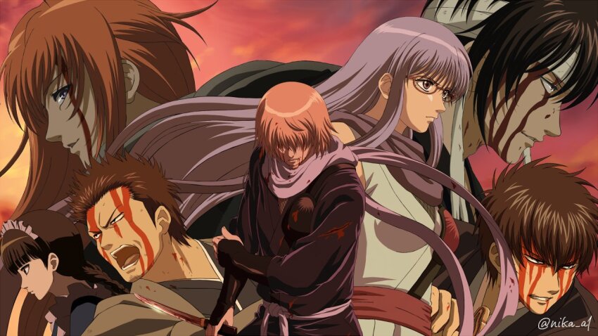 2girls 5boys anime_coloring bandaged_head bandages belt black_hair black_tunic blood blood_on_face blue_eyes blue_hair blue_scarf gintama glasses hair_over_eyes hattori_zenzou hijikata_toushirou kamui_(gintama) kondou_isao long_hair long_sleeves maid_headdress messy_hair momochi_rappa multiple_boys multiple_girls nika_a1 orange_hair pink_hair red_belt sarutobi_ayame scarf short_hair sleeveless_tunic takasugi_shinsuke tunic white_tunic