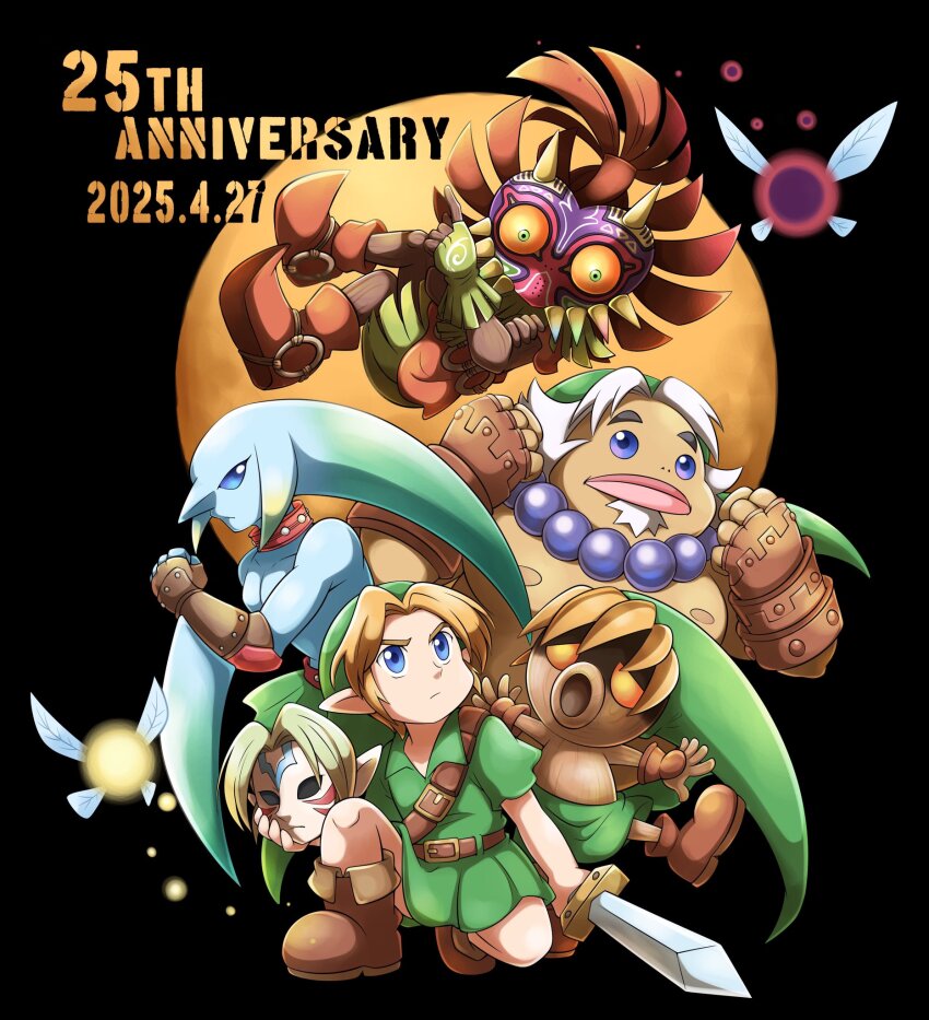 anniversary aogaeru_(pixiv46613656) belt black_background blonde_hair blue_eyes boots crossed_arms dated deku_link deku_scrub facial_hair facing_viewer fairy fierce_deity_mask fingerless_gloves full_body gauntlets gloves goatee goron goron_link hat highres jewelry kneeling link looking_up necklace nintendo skull_kid tael tatl the_legend_of_zelda the_legend_of_zelda:_majora&#039;s_mask tunic white_hair zora zora_link