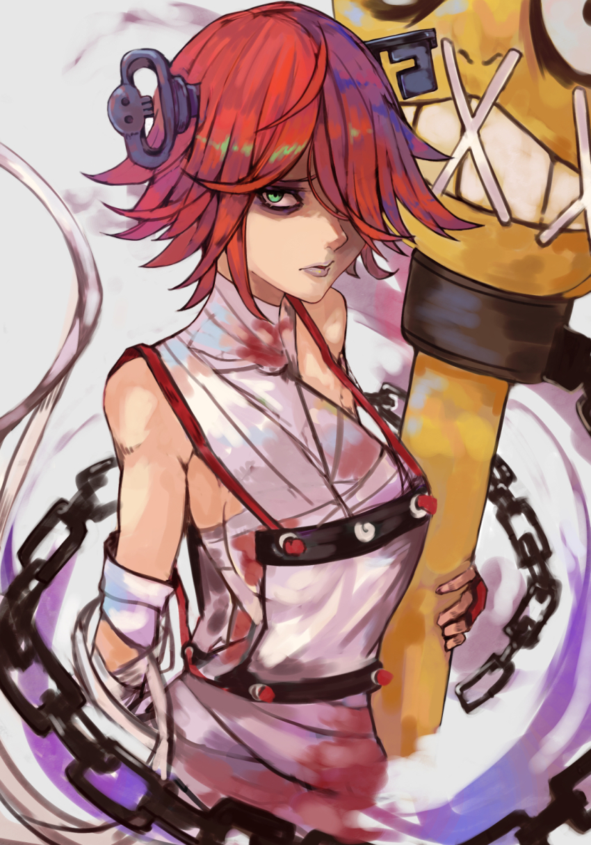 1girl a.b.a bags_under_eyes bandages bare_shoulders commentary green_eyes guilty_gear guilty_gear_xx hair_over_one_eye highres homunculus key_in_head levvellevvel lips looking_at_viewer object_through_head paracelsus_(guilty_gear) red_hair short_hair simple_background solo_focus white_background