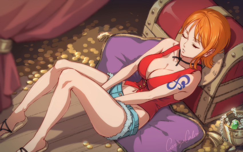 1girl arms_between_legs artist_name bare_legs bare_shoulders blue_shorts breasts cariyacalco cleavage closed_eyes coin collarbone commentary_request cosplay denim denim_shorts flip-flops gem gold_coin green_gemstone groin hat highres jewelry knees_up large_breasts midriff monkey_d._luffy monkey_d._luffy_(cosplay) nami_(one_piece) navel one_piece orange_hair parted_lips pillow red_vest sandals short_hair short_shorts shorts shoulder_tattoo signature single_sidelock sitting solo straw_hat tattoo treasure_chest unworn_hat unworn_headwear vest wooden_floor