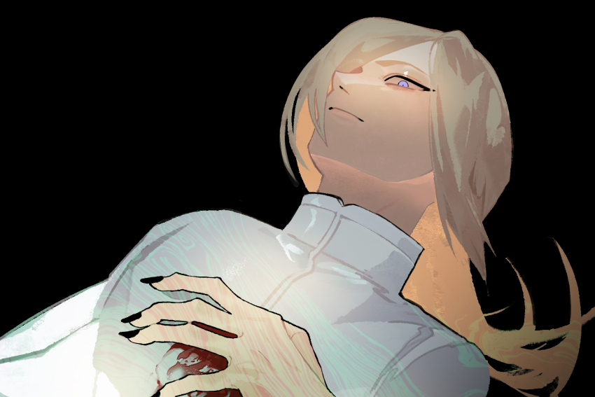 1boy black_background black_nails blonde_hair blood blue_eyes closed_mouth collared_jacket commentary dutch_angle eyeliner hair_over_one_eye hand_on_own_chest hexermer highres injury jacket long_hair looking_down makeup male_focus nail_polish one_eye_covered saiki_(kof) simple_background solo the_king_of_fighters the_king_of_fighters_xiii white_jacket