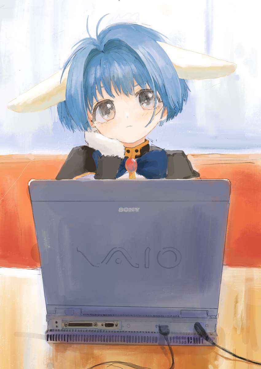 1girl absurdres angel_wing_uniform animal_ears arm_rest arms_on_table as4kla black_eyes blue_bow blue_bowtie blue_hair bow bowtie closed_mouth computer ears_down fur-trimmed_sleeves fur_trim galaxy_angel gloves hand_on_own_cheek hand_on_own_face hand_up head_rest highres laptop light_frown long_sleeves looking_at_viewer mint_blancmanche rabbit_ears short_hair solo sony table upper_body vaio white_gloves