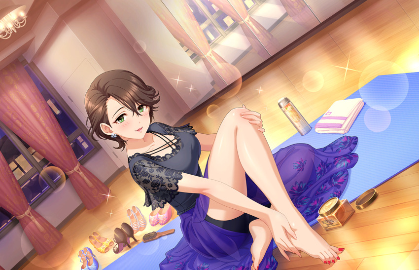 1girl barefoot breasts brown_hair building chandelier cleavage curtains earrings english_text feet game_cg green_eyes hair_brush high_heels idolmaster idolmaster_cinderella_girls idolmaster_cinderella_girls_starlight_stage jewelry mat mirror nail_polish official_art open_mouth shinohara_rei shoes skirt solo sparkle toenail_polish toenails toes towel unworn_shoes window