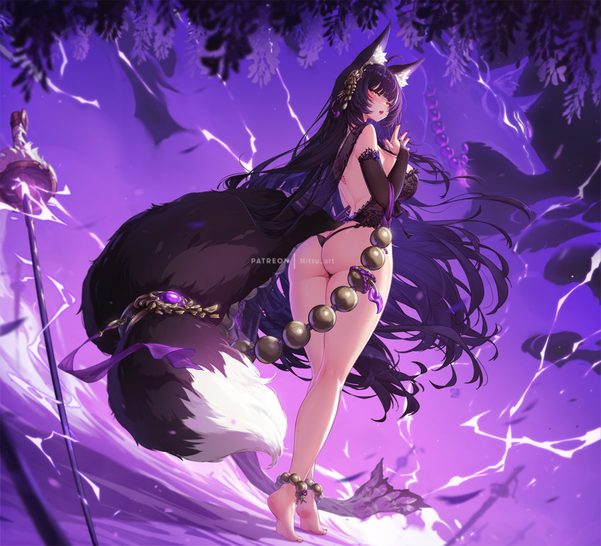 1girl absurdly_long_hair ahoge alternate_costume animal_ear_fluff animal_ears ass ass_cutout azur_lane backless_outfit barefoot beads black_hair breasts bridal_gauntlets brown_hair butt_crack character_name chestnut_mouth clothing_cutout detached_sleeves dress facial_mark floating_hair flower fox_ears fox_girl fox_tail from_behind from_below hair_ornament highres huge_breasts long_hair looking_at_viewer looking_back mitsu_(mitsu_art) musashi_(azur_lane) no_panties prayer_beads purple_background purple_hair smile solo steepled_fingers tail tail_ornament very_long_hair weapon yellow_eyes