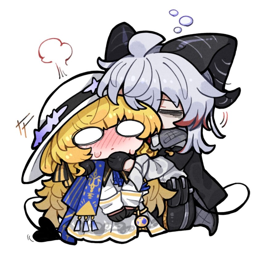 2girls armband bags_under_eyes black_armband black_horns black_jacket black_tail blonde_hair blush closed_eyes curled_horns demon_tail embarrassed grey_hair hat highres horns jacket jacket_on_shoulders long_hair multicolored_hair multiple_girls phoebe_(wuthering_waves) shirt simple_background sleeping streaked_hair sweat tail white_background white_hat white_shirt wuthering_waves zani_(wuthering_waves) zunusama
