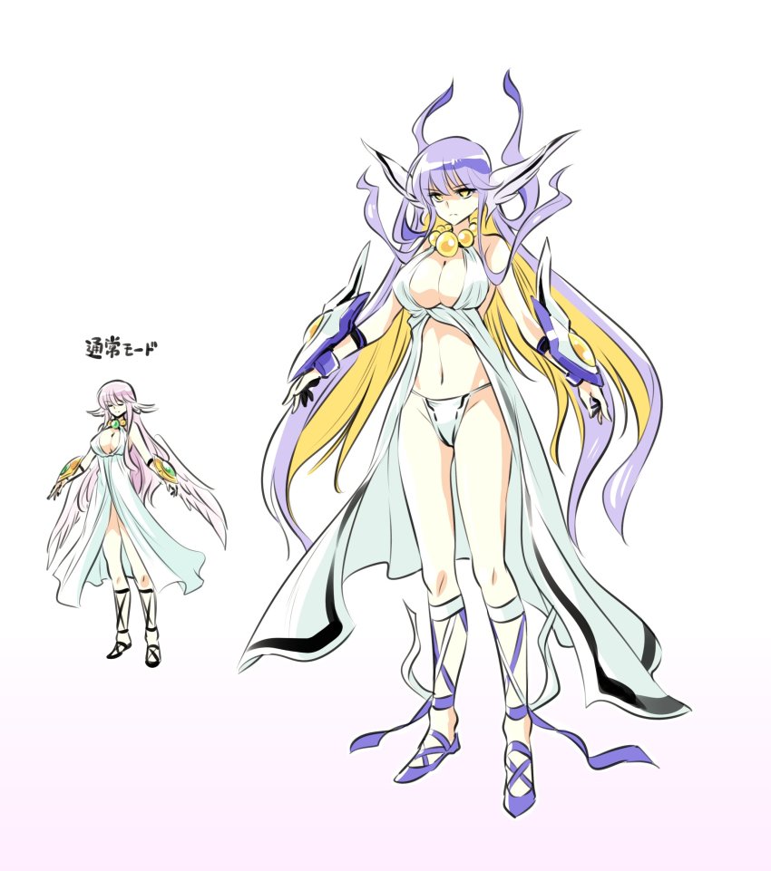 2girls absurdres ancient_greek_clothes beads black_footwear blonde_hair buckler closed_eyes colored_inner_hair dual_persona feathered_wings g-sky_goddess_(ishiyumi) gladiator_sandals great_zeorymer greco-roman_clothes hades_project_zeorymer head_wings heaven_(kanji) highres kato_takuji long_hair multicolored_hair multiple_girls open_clothes original panties peplos pink_hair pink_wings prayer_beads pun purple_footwear purple_hair sandals shield two-tone_hair underwear when_you_see_it wings yellow_eyes