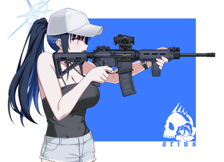 1girl assault_rifle baseball_cap black_camisole black_hair blue_archive blue_eyes blue_hair blue_halo breasts camisole colored_inner_hair grey_shorts gun halo hat highres holding holding_gun holding_weapon ivan_wang large_breasts long_hair multicolored_hair ponytail rifle saori_(blue_archive) short_shorts shorts sig_516 solo weapon white_hat