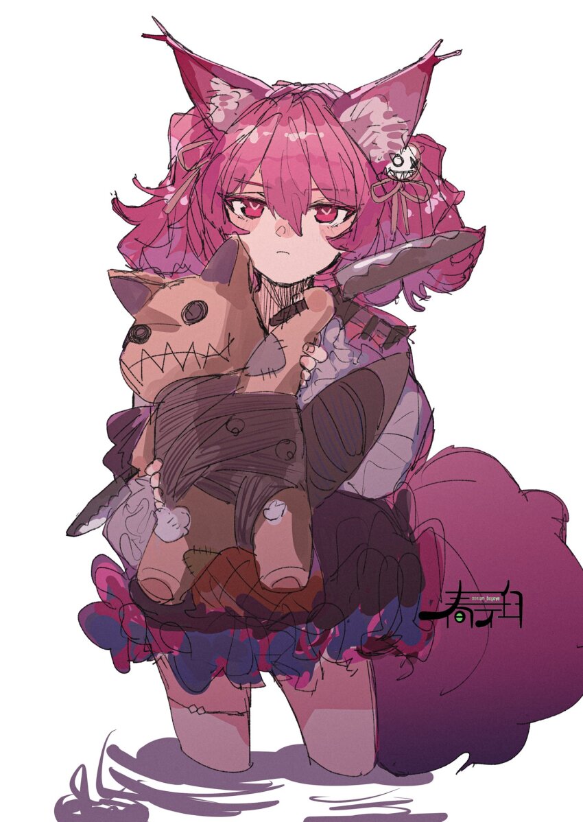 1girl animal_ear_fluff animal_ears arknights black_skirt closed_mouth commentary_request hair_between_eyes harukan_tiusu highres holding holding_stuffed_toy knife looking_at_viewer purple_eyes purple_hair ripples shamare_(arknights) shirt simple_background skirt solo standing stuffed_animal stuffed_dog stuffed_toy tail twintails wading watermark white_background white_shirt