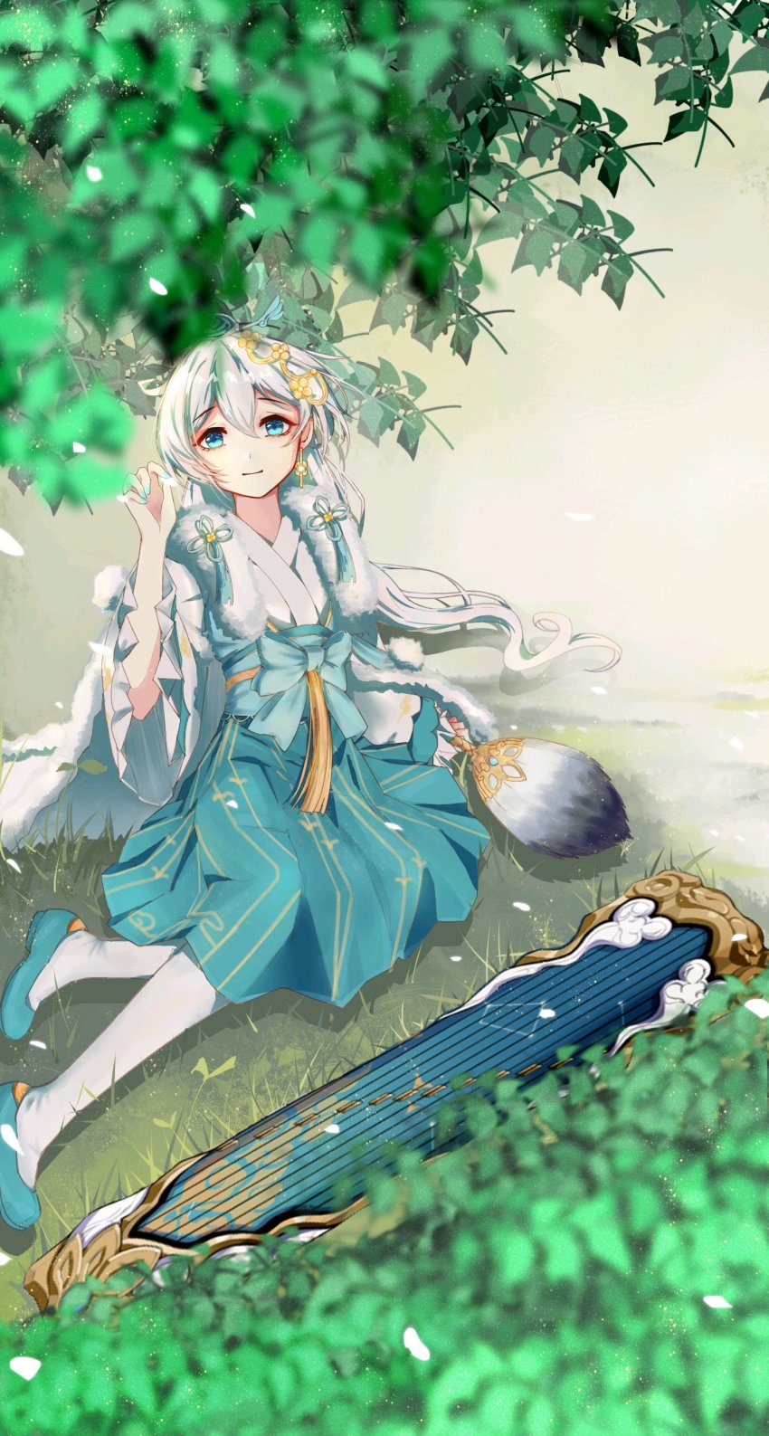 1girl absurdres artist_request bad_link blue_eyes blue_footwear blurry blurry_foreground china_dress chinese_clothes closed_mouth dress earrings full_body grass guzheng hair_ornament hand_fan highres holding holding_fan honkai_(series) honkai_impact_3rd jewelry long_hair looking_at_viewer outdoors sitting three-quarter_sleeves smile solo theresa_apocalypse zhuge_kongming_(honkai_impact) thighhighs white_hair zhuge_kongming_(honkai_impact)