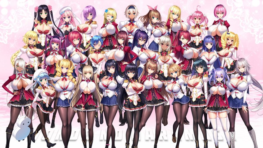 6+girls ahoge amatsuka_erena bat_hair_ornament black_hair black_legwear black_skirt blonde_hair blue_eyes blue_hair blue_skirt blunt_bangs braid braided_ponytail breasts brown_hair caryle_restram casinia_vlad_clausel catherine_e._romancia celestia_laciel chartina_luitgard cleavage dark-skinned_female dark_skin derauea drill_hair elf else_eve_dianta everyone fee_kissethermit flower green_eyes hair_flower hair_ornament hair_over_one_eye hairband highres huge_breasts iizuki_lilia izuki_lilia jougasaki_rio kuromorihime_akira lecia_von_koenig long_hair looking_at_viewer lydia_luitgard midou_kaede milk_factory minase_maya misaki_konoka motto!_haramase!_honoo_no_oppai_chou_ero_appli_gakuen! motto!_haramase!_honoo_no_oppai_isekai_chou_ero:_succubus_gakuen motto!_haramase!_honoo_no_oppai_isekai_ero_mahou_gakuen! multiple_girls myau_orphel naomin_iva_lucille olga_(milk_factory) pantyhose pham pink_background pink_hair platinum_blonde_hair pleated_skirt pointy_ears ponytail puffy_sleeves purple_eyes purple_hair qunqun_na_olganite red_eyes red_hair rosalina_raphaelos saionji_nanako school_uniform short_hair sidelocks skirt sonomiya_yukari sophia_von_managras standing tagme thighhighs third-party_edit twintails uzuki_kaguya very_long_hair washimiya_takami white_legwear yellow_eyes yukinokouji_mizore yumegasaki_mako yutani_hinata