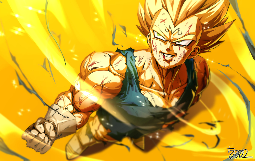 1boy 5002_bus absurdres aura blonde_hair blood blood_from_mouth blood_on_face bloody_tears blue_jumpsuit clenched_hand collarbone dragon_ball dragonball_z facial_mark foreshortening gloves green_eyes highres injury jumpsuit majin_vegeta male_focus muscular muscular_male scratches signature sleeveless smile solo spiked_hair super_saiyan super_saiyan_2 torn_clothes torn_jumpsuit vegeta veins white_footwear white_gloves widow&#039;s_peak