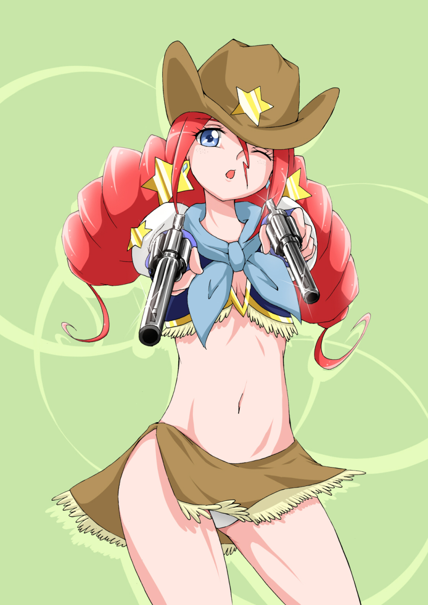 10s 1girl ;o blue_eyes cowboy_hat drill_hair earrings female_focus freckles fringe_trim gun happinesscharge_precure! hat highres izuna_masaru jewelry long_hair looking_at_viewer magical_girl midriff one_eye_closed open_mouth panties pantyshot precure red_hair red_haired_cure_(bomber_girls_precure)_(happinesscharge_precure!) skirt solo standing star_(symbol) twintails underwear weapon white_panties