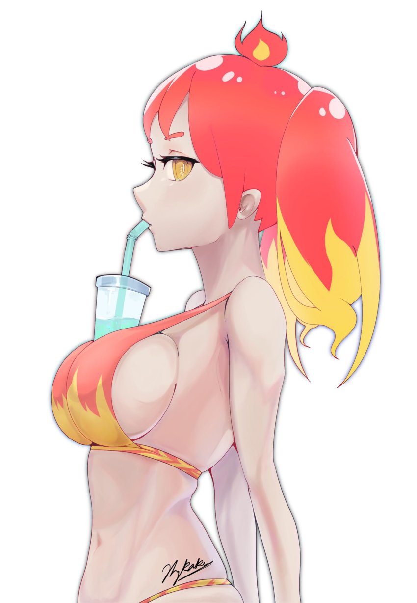 1girl bikini blonde_hair breasts colored_tips commentary cubeskar cup drinking_straw drinking_straw_in_mouth english_commentary fire flame_print from_side hair_behind_ear halterneck highres hikasa_tomoshika medium_breasts midriff multicolored_hair navel red_hair sideboob signature skindentation solo string_bikini swimsuit tawawa_challenge virtual_youtuber voms white_background yellow_eyes