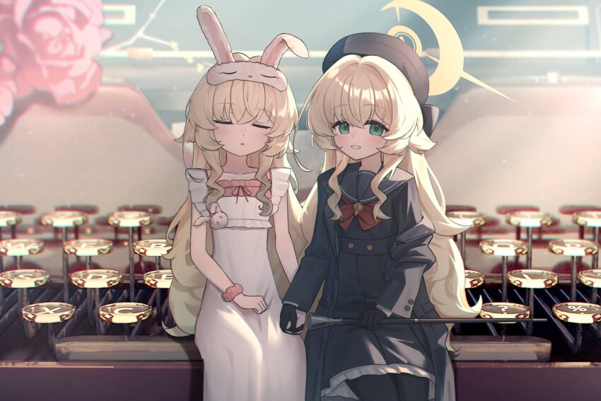 2girls animal_ears arm_scrunchie beret black_coat black_gloves black_hat black_pantyhose black_sailor_collar black_serafuku black_shirt black_skirt blonde_hair blue_archive bow bowtie cane ciza_gomi clenched_hand closed_eyes coat collarbone dress dual_persona fake_animal_ears frilled_skirt frills gloves green_eyes hair_between_eyes hair_intakes halo hat highres holding holding_cane holding_hands long_hair looking_at_viewer multiple_girls open_clothes open_coat open_mouth original pantyhose polish_commentary professor_niyaniya_(blue_archive) rabbit_ears red_bow red_bowtie red_ribbon ribbon sailor_collar school_uniform serafuku shirt side_ahoge sidelocks sitting skirt smile teeth typewriter very_long_hair white_dress yellow_halo