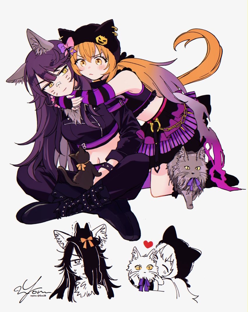 2girls alternate_animal_ears animal animal_ear_fluff animal_ear_headwear animal_ears animal_hug animal_on_head artist_name bandaid bandaid_on_face bandaid_on_nose black_boots black_shirt boots bracelet breasts cat cat_on_head chain closed_mouth detached_sleeves facial_mark fake_animal_ears frown gradient_hair heart highres horse_ears horse_girl horse_tail hug indian_style jacket jewelry kneeling layered_skirt long_hair looking_at_another mayano_top_gun_(rockin&#039;_mewmeow)_(umamusume) mayano_top_gun_(umamusume) midriff miniskirt multicolored_hair multiple_girls multiple_views navel on_head pants purple_jacket purple_pants shirt signature simple_background sitting skirt sleeveless sleeveless_shirt small_breasts smile tail twitter_username umamusume whisker_markings white_background yellow_eyes yonu_(yonurime)