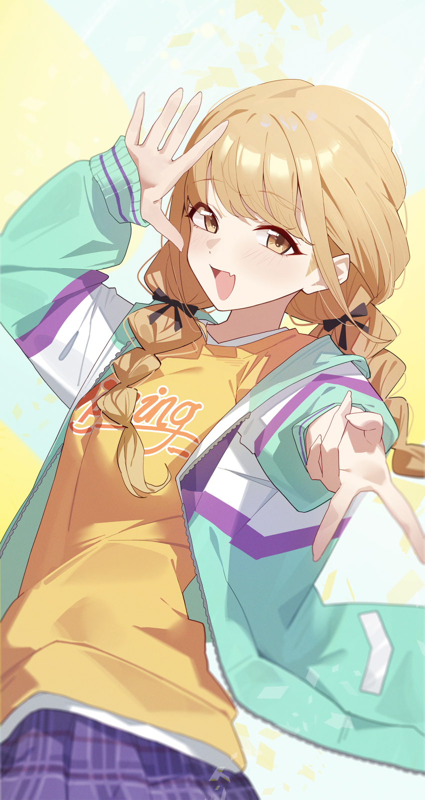 1girl absurdres black_bow blonde_hair blue_skirt blush bow braid commentary fang foreshortening fujita_kotone gakuen_idolmaster gyaru_v hair_bow highres idolmaster jacket long_hair long_sleeves looking_at_viewer multicolored_jacket plaid_clothes plaid_skirt pleated_skirt shirt skin_fang skirt smile solo sukaliya twin_braids v yellow_eyes yellow_shirt