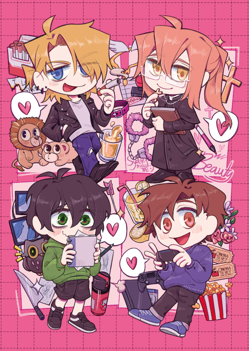 4boys bags_under_eyes cigarette collar controller cuffs cwew33 dart degrees_of_lewdity food fruit game_controller handcuffs highres knife kylar_(degrees_of_lewdity) kylar_(male)_(degrees_of_lewdity) lemon lemon_slice multiple_boys notebook ponytail popcorn robin_(degrees_of_lewdity) robin_(male)_(degrees_of_lewdity) sydney_(degrees_of_lewdity) sydney_(male)_(degrees_of_lewdity) whitney_(degrees_of_lewdity) whitney_(male)_(degrees_of_lewdity)
