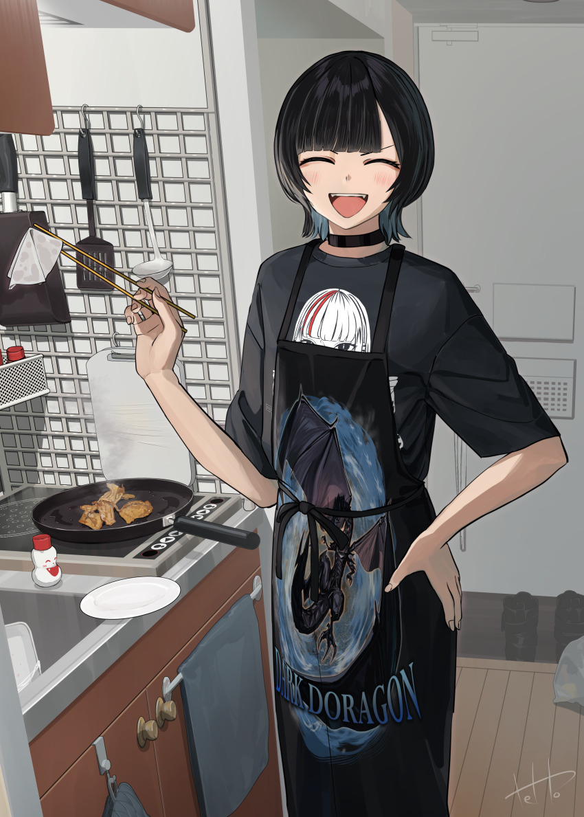 1girl :d ^_^ absurdres apron black_choker black_hair blue_hair choker chopsticks closed_eyes commentary_request cooking cutting_board douryou_(buta5813) fangs frying_pan hand_on_own_hip highres indoors kitchen ladle makiyakinabe multicolored_hair open_mouth original smile solo spatula stove tetto_(onnoveltet) two-tone_hair wolf_cut