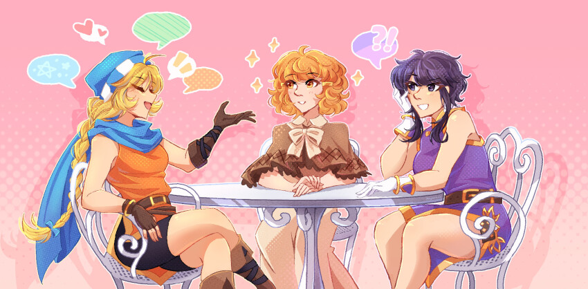 3girls ahoge asphodelis asymmetrical_gloves bare_legs belt bike_shorts black_hair blonde_hair blue_scarf blush boots bow braid braided_ponytail breasts closed_eyes commission commissioner_upload cousins dress elbow_rest fire_emblem fire_emblem:_genealogy_of_the_holy_war gloves hair_ornament hairclip heart highres lana_(fire_emblem) larcei_(fire_emblem) looking_at_another medium_breasts multiple_girls nintendo open_mouth orange_hair orange_tunic patty_(fire_emblem) polka_dot polka_dot_background purple_tunic scarf short_hair sidelocks simple_background sitting sleeveless small_breasts speech_bubble star_(symbol) table talking tunic