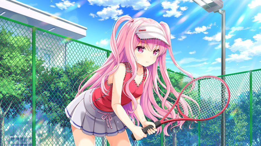 1girl ball breasts chain-link_fence cloud cloudy_sky earrings fence girlfriend_(kari) jewelry kagami_matsuri long_hair necklace official_art outdoors pink_eyes pink_hair qp:flapper red_shirt shirt skirt sky small_breasts solo sportswear standing sunlight sunvisor tennis_ball tennis_court tennis_net tennis_uniform thighs tree two_side_up white_skirt