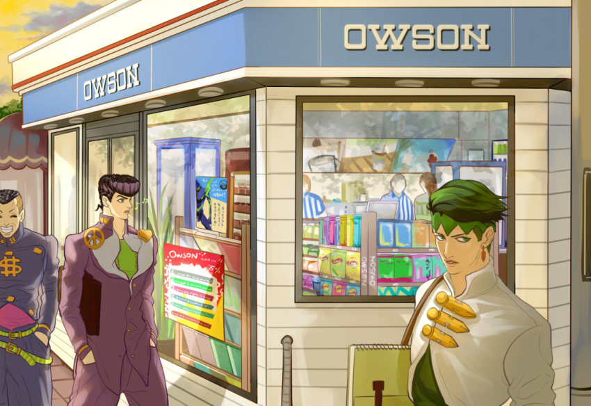 3boys black_hair convenience_store diamond_wa_kudakenai dollar_sign earrings gakuran green_eyes green_hair hands_in_pockets headband higashikata_josuke jewelry jojo_no_kimyou_na_bouken kilva_lollop kishibe_rohan male_focus multiple_boys musical_note nijimura_okuyasu pompadour school_uniform shop