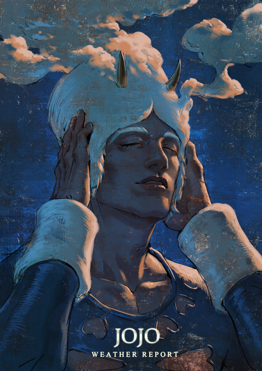 1boy absurdres blue_theme character_name chinese_commentary closed_eyes clothing_cutout cloud commentary_request fake_horns fur_hat hands_up hat heart_cutout highres horned_hat horned_headwear horns jojo_no_kimyou_na_bouken male_focus parted_lips solo stone_ocean upper_body weather_report white_hat xiao-yang