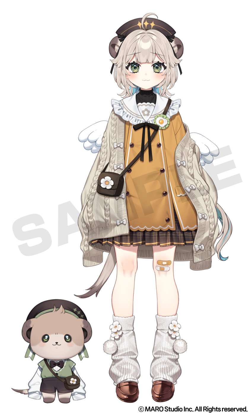 1girl :3 ahoge animal_ears bandaid bandaid_on_leg black_hat black_shorts blue_hair blush brown_bag brown_shoes brown_skirt brown_sweater cardigan ciccino_katterina closed_mouth colored_inner_hair commentary_request copyright_notice frilled_sailor_collar frills full_body green_eyes grey_hair hat highres leg_warmers long_hair looking_at_viewer meerkat_ears meerkat_tail multicolored_hair official_art open_cardigan open_clothes plaid_clothes plaid_skirt pleated_skirt pom_pom_(clothes) sailor_collar sakura_yuki_(clochette) sample_watermark shirt shoes shorts skirt solo standing sweater v&amp;u_entertainment virtual_youtuber watermark white_background white_leg_warmers white_sailor_collar white_shirt
