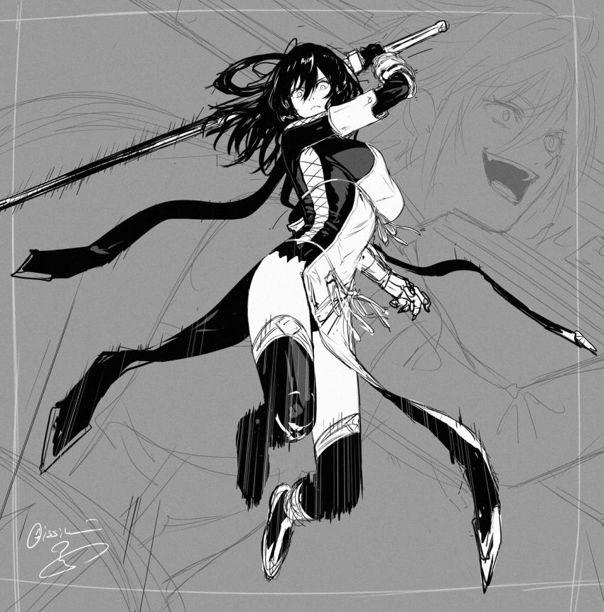 2girls ao_no_kiseki arm_guards boots breasts clawed_gauntlets closed_mouth clothing_cutout commentary crazy_smile cross-laced_clothes cross-laced_dress eiyuu_densetsu frown full_body gauntlets grey_background greyscale hair_rings highres holding holding_sword holding_weapon isshiki_(ffmania7) jumping large_breasts looking_at_viewer medium_hair monochrome motion_lines multiple_girls rixia_mao shirley_orlando side_cutout signature simple_background single_gauntlet sketch smile solo_focus sword tabard thigh_boots weapon