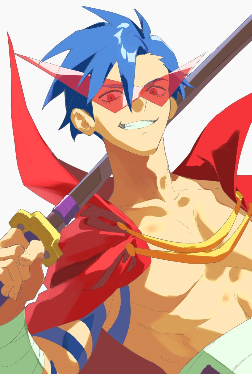 1boy 333takoyaki absurdres bandaged_arm bandages blue_hair cape commentary_request grin highres holding holding_weapon kamina_(ttgl) kamina_shades male_focus over_shoulder red_cape simple_background smile solo sword tengen_toppa_gurren_lagann topless_male triangular_eyewear upper_body weapon weapon_over_shoulder white_background