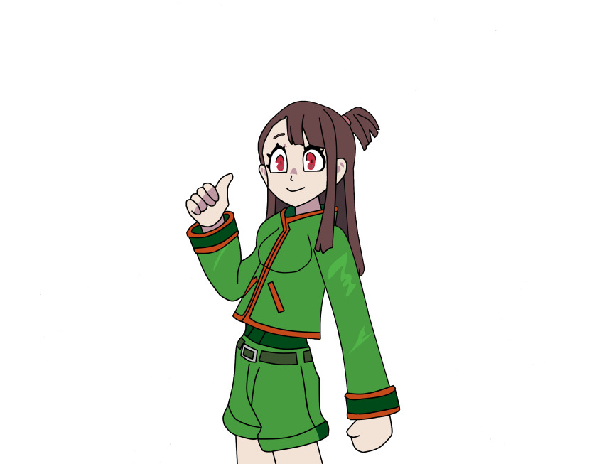 1girl commentary cosplay english_commentary erica_mendez gon_freecss gon_freecss_(cosplay) green_shorts han_megumi highres hunter_x_hunter little_witch_academia long_hair long_sleeves red_eyes salamanderzero shorts solo voice_actor_connection white_background