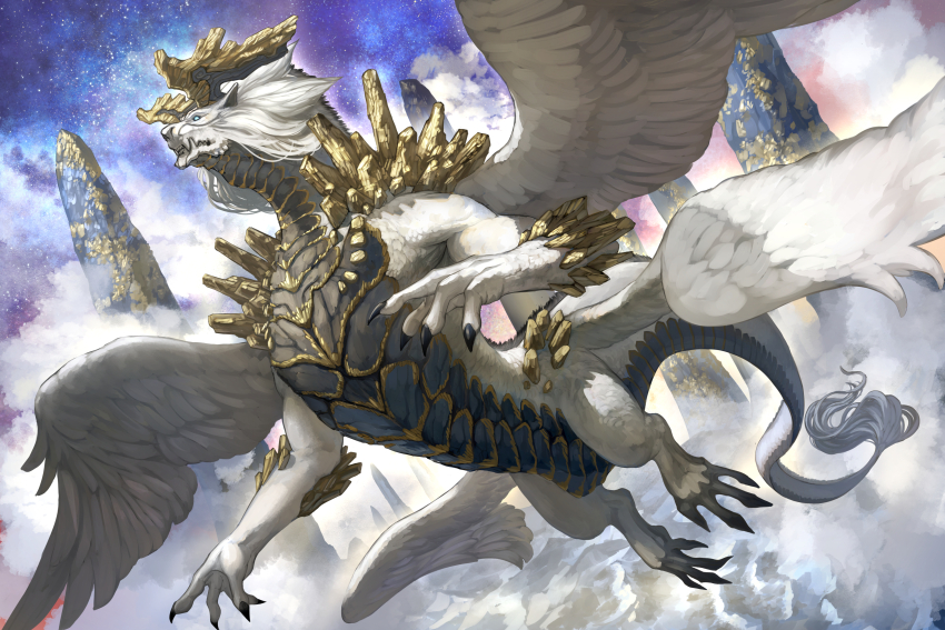 absurdres animal_ears blue_eyes claws closed_mouth dragon flying full_body highres horns mane monster no_humans original sharp_teeth sky solo star_(sky) starry_sky tagme tail teeth white_fur wings yumo80295386