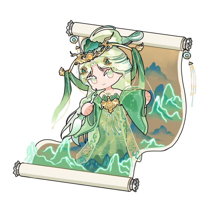 1girl bare_shoulders character_request chibi chinese_clothes chinese_commentary circlet closed_mouth collarbone colored_eyelashes commentary_request dagger detached_sleeves eeeestella gold_circlet green_eyes green_hair green_hanfu green_ribbon green_shawl green_skirt hair_bun hair_ornament hair_ribbon half_updo hanfu highres holding holding_dagger holding_knife holding_weapon jewelry knife leaf_hair_ornament long_hair long_sleeves mountain necklace nikki_(series) outstretched_arm parted_bangs ribbon scroll see-through_clothes see-through_shawl shawl shining_nikki simple_background single_hair_bun skirt sleeves_past_wrists smile solo standing very_long_hair weapon white_background wide_sleeves
