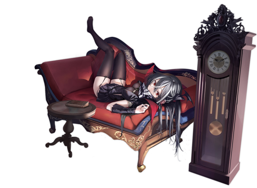 1girl azur_lane between_breasts book breasts clock couch cushion dress garter_straps grandfather_clock grey_hair hair_between_eyes head_wings highres knee_up leg_up long_hair looking_at_viewer lying medium_breasts multicolored_hair no_shoes official_art on_back on_couch ootsuki_momiji parted_lips red_eyes roman_numeral solo streaked_hair thighhighs transparent_background u-47_(azur_lane) u-47_(sanguine_moon_sojourn)_(azur_lane) white_hair wings